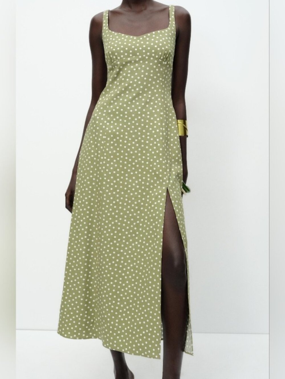 ZARA LINEN BLEND POLKA DOT MIDI DRESS